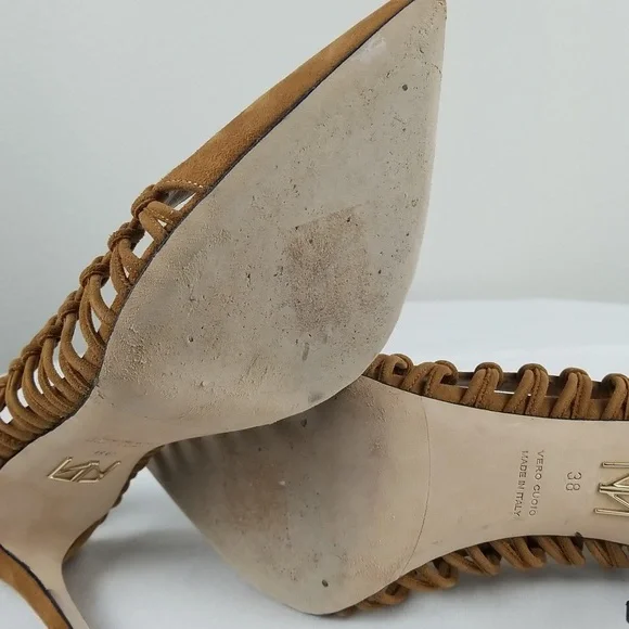 Tamara Mellon Tan Neutral Suede Braided Pointed Toe Pump Heels Size 8 - Picture 11 of 12